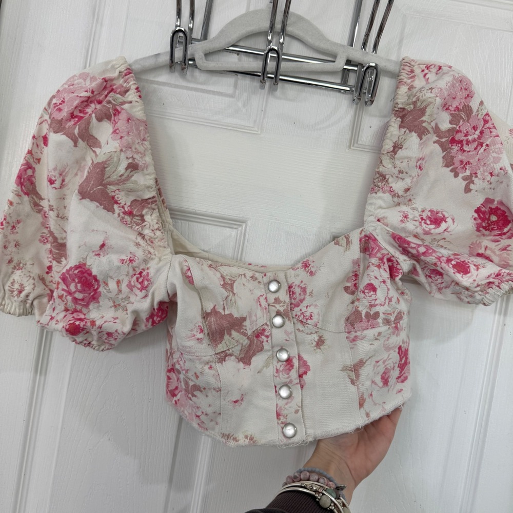 For Love & Lemons Pink Floral Corduroy Puff Sleeve Crop Top XS - Picture 6 of 10